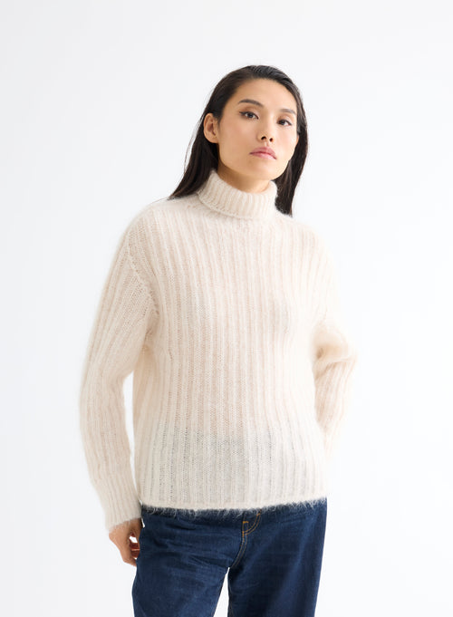 Pull blanc col roulé manches longues - MAJESTIC FILATURES