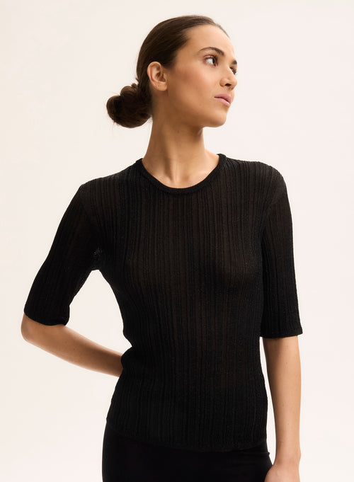Pull Noir Col Rond Manches Coudes - MAJESTIC FILATURES