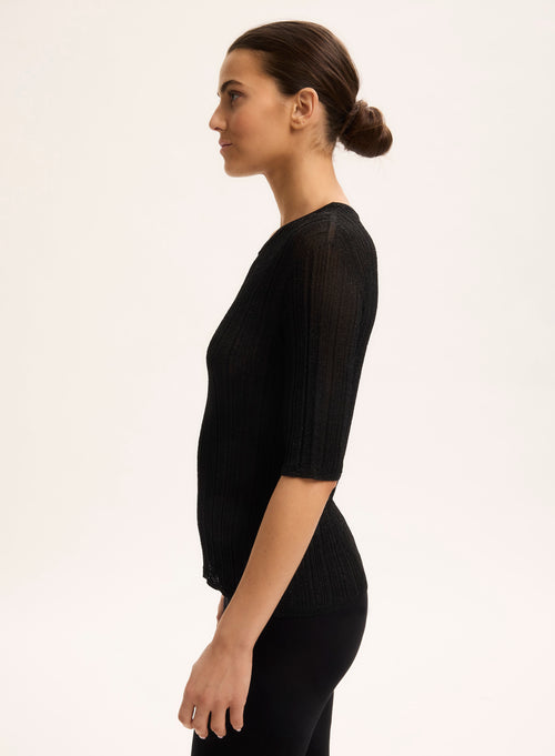 Pull Noir Col Rond Manches Coudes - MAJESTIC FILATURES
