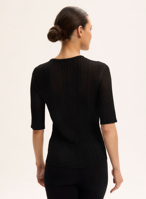 Pull Noir Col Rond Manches Coudes - MAJESTIC FILATURES