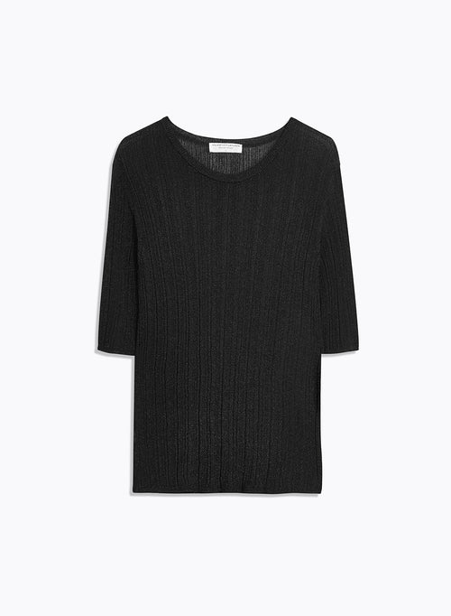 Pull Noir Col Rond Manches Coudes - MAJESTIC FILATURES