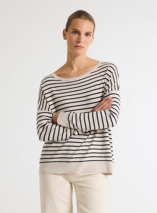 Pull beige Col Bateau Manches Longues - MAJESTIC FILATURES