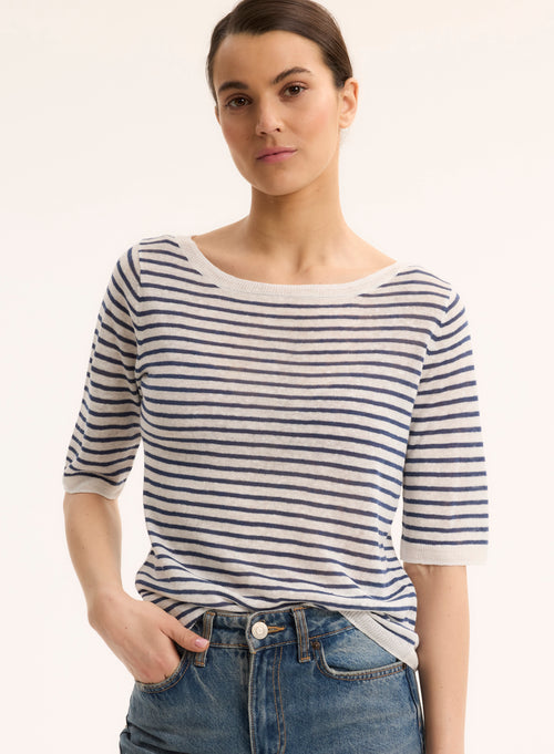 Pull Bleu Col Rond Manches Courtes - MAJESTIC FILATURES