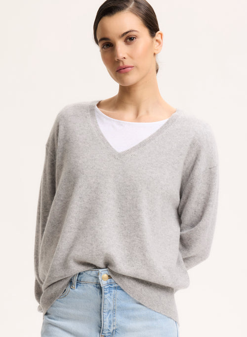 Pull Gris Col V Manches Longues en Cachemire - MAJESTIC FILATURES