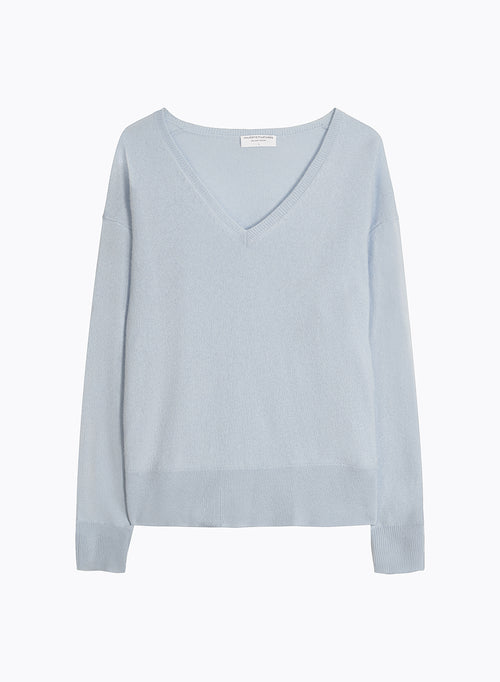 Pull Bleu Col V Manches Longues - MAJESTIC FILATURES