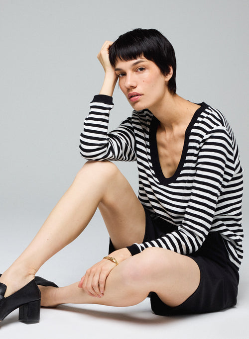 T-shirt Marinière Noir / Beige Col V Manches Longues en Coton organique - MAJESTIC FILATURES