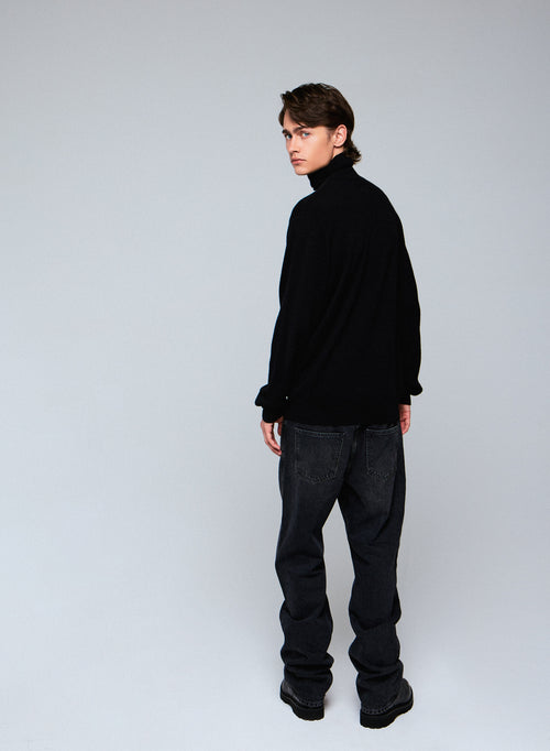 Pull Noir Col Roulé Manches Longues en Cachemire - MAJESTIC FILATURES