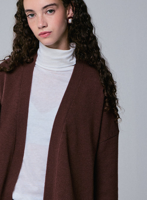 Braune Strickjacke mit langärmeligem Schalkragen aus Merinowolle - MAJESTIC FILATURES