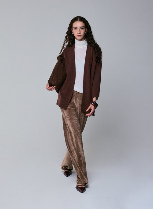 Braune Strickjacke mit langärmeligem Schalkragen aus Merinowolle - MAJESTIC FILATURES