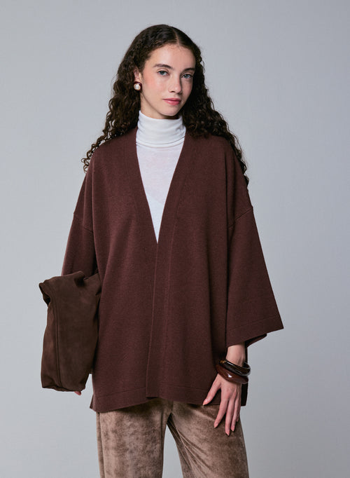 Braune Strickjacke mit langärmeligem Schalkragen aus Merinowolle - MAJESTIC FILATURES