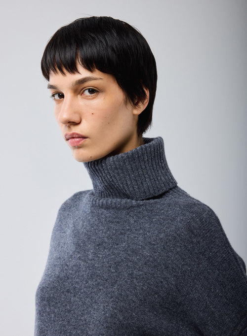 Pull Gris Col Roulé Manches Longues en Laine merinos - MAJESTIC FILATURES
