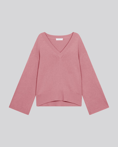 Pull Rose Col V Manches Longues en Laine merinos - MAJESTIC FILATURES