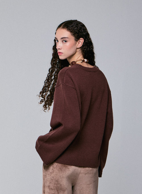 Pull Marron Col V Manches Longues en Laine merinos - MAJESTIC FILATURES