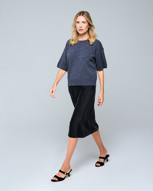 Grauer Kurzarmpullover aus Merinowolle mit Rundhalsausschnitt - MAJESTIC FILATURES