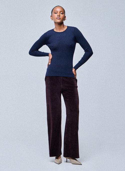 Marineblauer langärmeliger Pullover mit Rundhalsausschnitt aus Merinowolle - MAJESTIC FILATURES