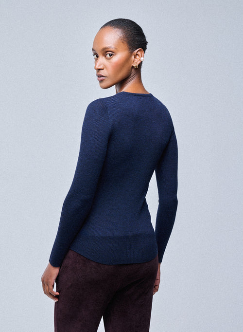 Marineblauer langärmeliger Pullover mit Rundhalsausschnitt aus Merinowolle - MAJESTIC FILATURES