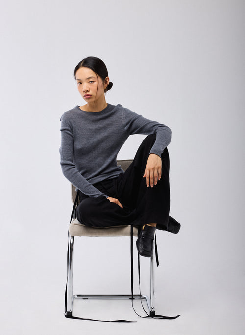 Pull Gris Col Rond Manches Longues en Laine merinos - MAJESTIC FILATURES