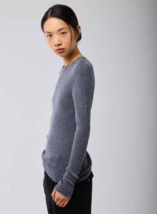 Pull Gris Col Rond Manches Longues en Laine merinos - MAJESTIC FILATURES