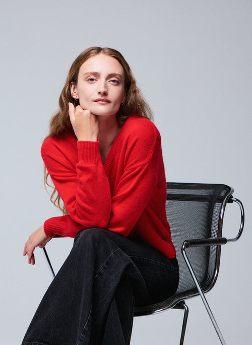 Pull Orange Col V Manches Longues en Laine / Cachemire - MAJESTIC FILATURES