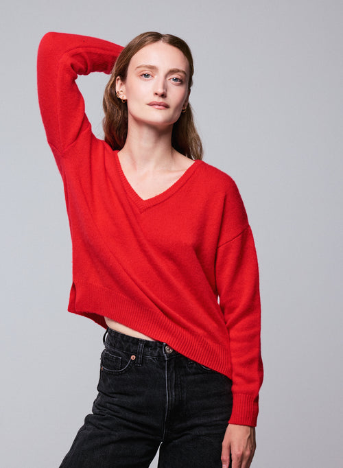 Pull Orange Col V Manches Longues en Laine / Cachemire - MAJESTIC FILATURES