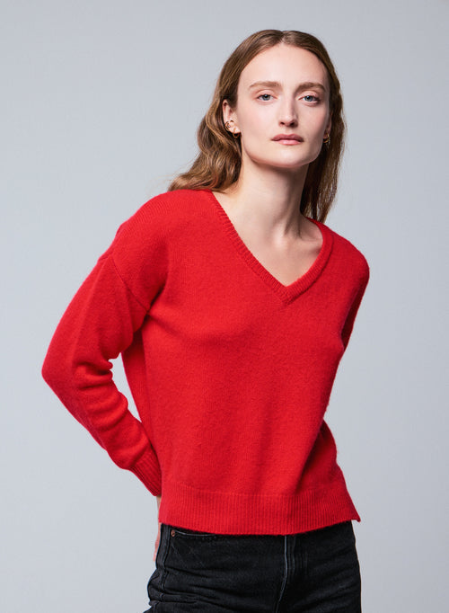 Pull Orange Col V Manches Longues en Laine / Cachemire - MAJESTIC FILATURES