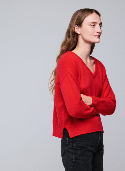 Pull Orange Col V Manches Longues en Laine / Cachemire - MAJESTIC FILATURES