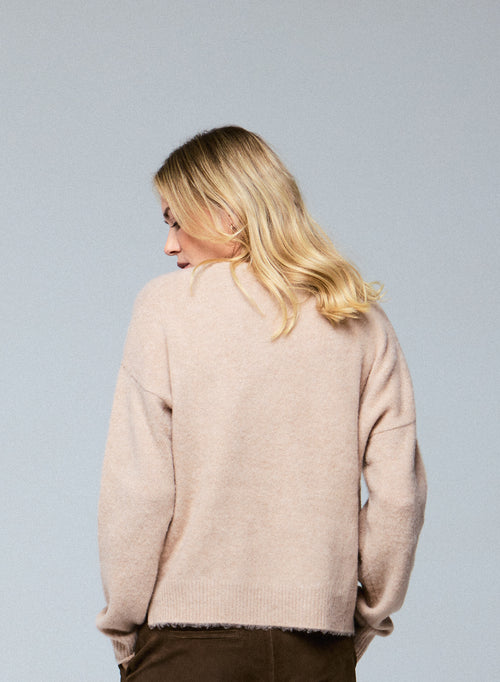 Beigefarbener Pullover mit V-Ausschnitt und langen Ärmeln aus Wolle / Kaschmir - MAJESTIC FILATURES