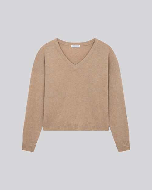 Beigefarbener Pullover mit V-Ausschnitt und langen Ärmeln aus Wolle / Kaschmir - MAJESTIC FILATURES