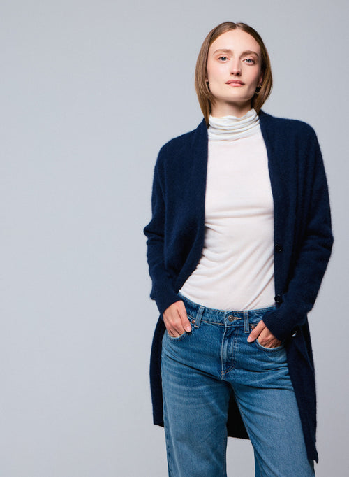 Marineblaue Strickjacke mit langen Ärmeln aus Wolle / Fuchs / Polyamid - MAJESTIC FILATURES
