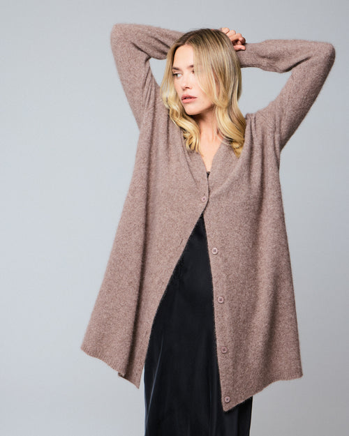 Beige Strickjacke mit langärmeligem Schalkragen aus Wolle / Fuchs / Polyamid - MAJESTIC FILATURES
