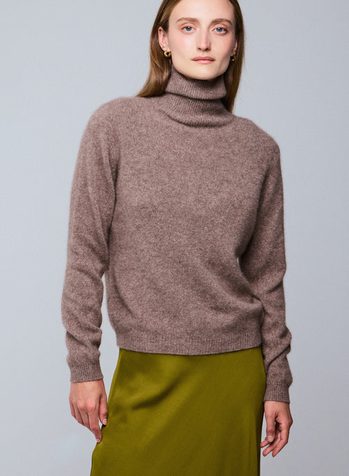 Beige Rollkragenpullover mit langen Ärmeln aus Wolle / Fuchs / Polyamid - MAJESTIC FILATURES