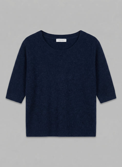 Pullover mit Rundhalsausschnitt und Ellbogenärmeln aus Wolle/Fuchs/Polyamid in Marineblau - MAJESTIC FILATURES