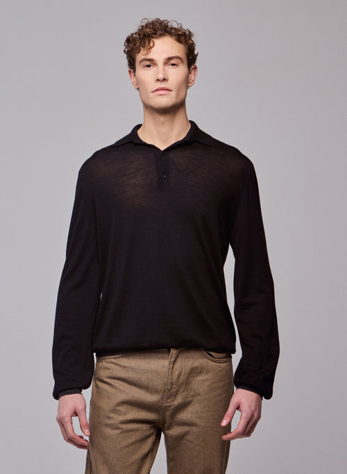 Schwarz / Grau Poloshirt Langarm Poloshirt aus Merinowolle - MAJESTIC FILATURES