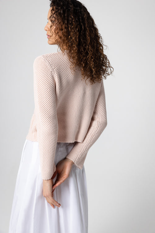 Langärmelige Strickjacke mit Rundhalsausschnitt aus Baumwolle in Rosenblüte - MAJESTIC FILATURES