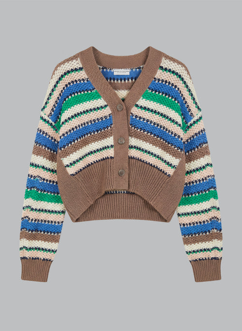 Gilet Rayé Multicouleur Col V Manches Longues en Coton - MAJESTIC FILATURES