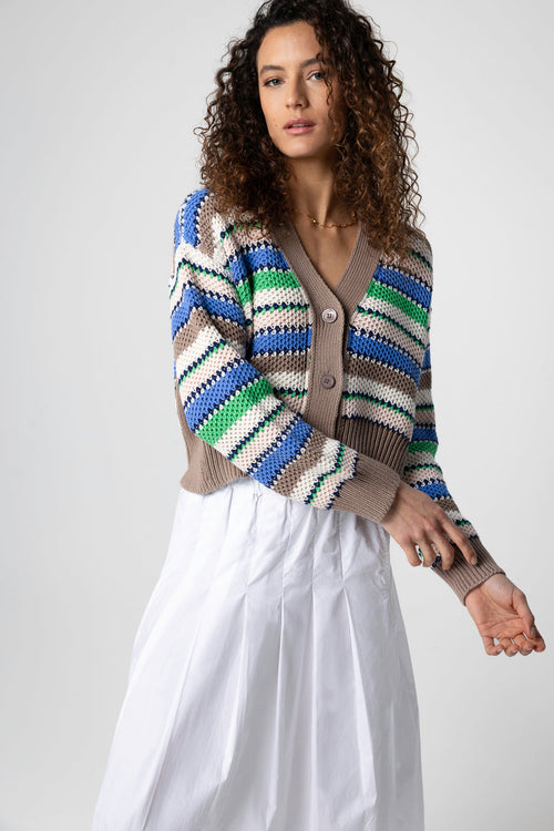 Mehrfarbige gestreifte Strickjacke mit V-Ausschnitt und langen Ärmeln aus Baumwolle - MAJESTIC FILATURES