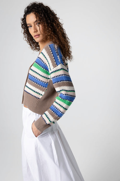 Gilet Rayé Multicouleur Col V Manches Longues en Coton - MAJESTIC FILATURES