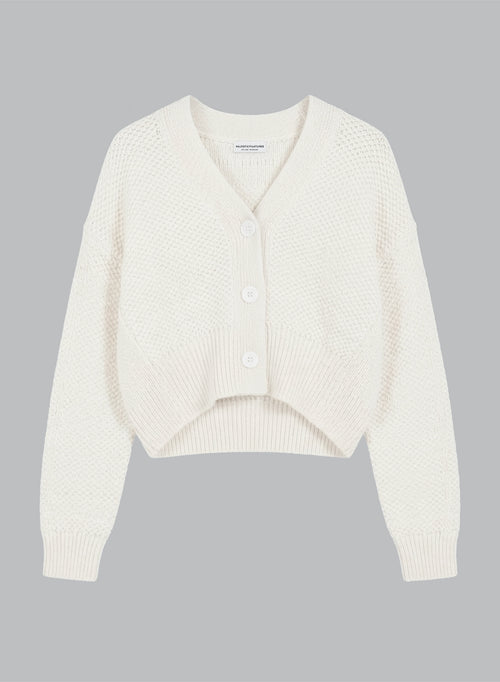 Langärmelige Strickjacke mit V-Ausschnitt aus Baumwolle in Milchweiß - MAJESTIC FILATURES