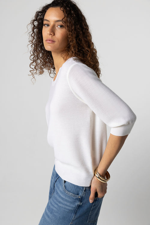 Pull Blanc Col Rond Manches Coudes en Laine merinos extrafine - MAJESTIC FILATURES