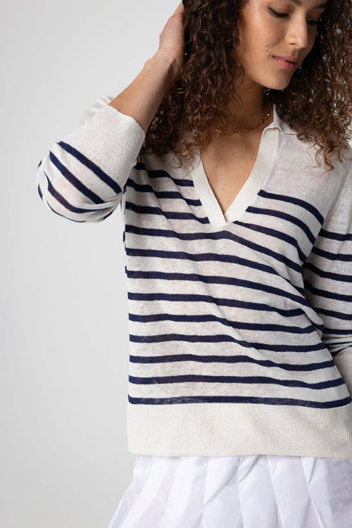 Gestreiftes Polohemd mit Dreiviertelärmeln aus Leinen - MAJESTIC FILATURES