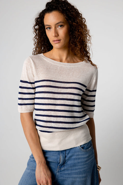 Pull Blue Moon Rayé Col Rond Manches Coudes en Lin - MAJESTIC FILATURES