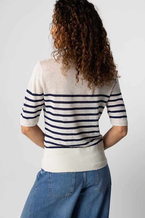 Pull Blue Moon Rayé Col Rond Manches Coudes en Lin - MAJESTIC FILATURES