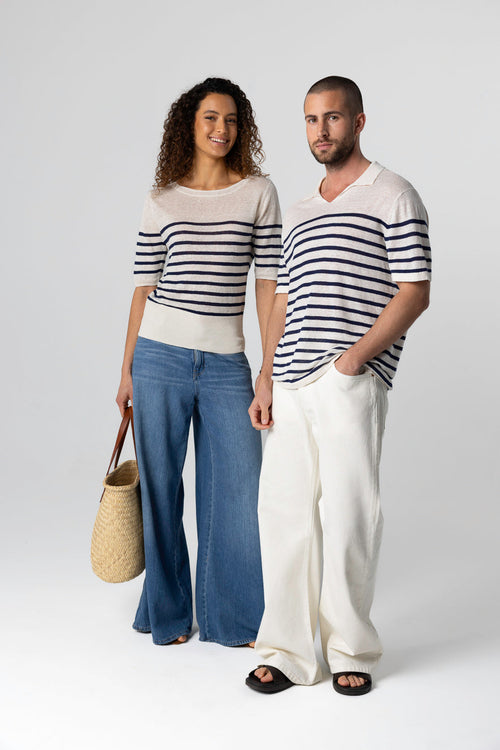 Pull Blue Moon Rayé Col Rond Manches Coudes en Lin - MAJESTIC FILATURES