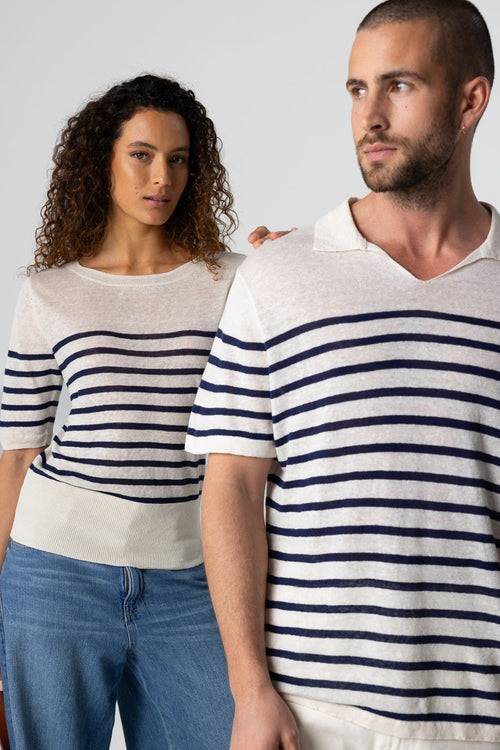 Pull Blue Moon Rayé Col Rond Manches Coudes en Lin - MAJESTIC FILATURES