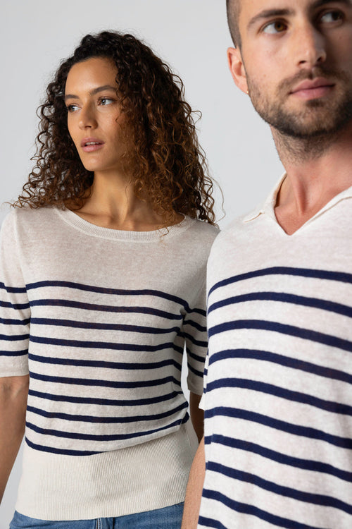 Pull Blue Moon Rayé Col Rond Manches Coudes en Lin - MAJESTIC FILATURES