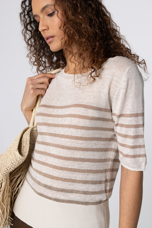 Pull Désert Rayé Col Rond Manches Coudes en Lin - MAJESTIC FILATURES