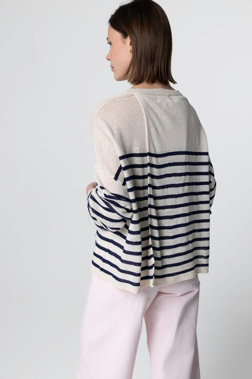 Pull Blue Moon Rayé Col Rond Manches Longues en Lin - MAJESTIC FILATURES
