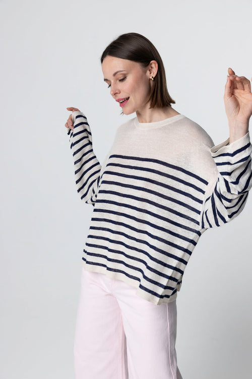 Pull Blue Moon Rayé Col Rond Manches Longues en Lin - MAJESTIC FILATURES