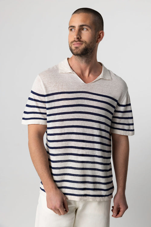 Polo Blue Moon à rayures Blanches Manches Courtes en Lin - MAJESTIC FILATURES