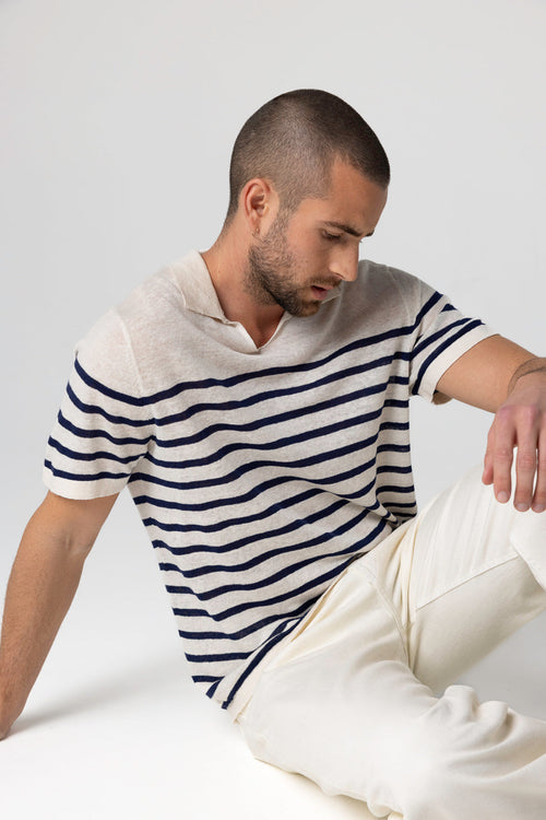 Polo Blue Moon à rayures Blanches Manches Courtes en Lin - MAJESTIC FILATURES